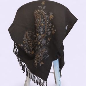 Exotic Indian Woman's Black Pure Embroidered/Beaded Shawl with Fringe